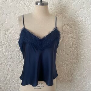 Sablyn Bobbi Lace Trim V Neck 100% Silk Cami Navy Blue Medium, Sexy Evening Tank